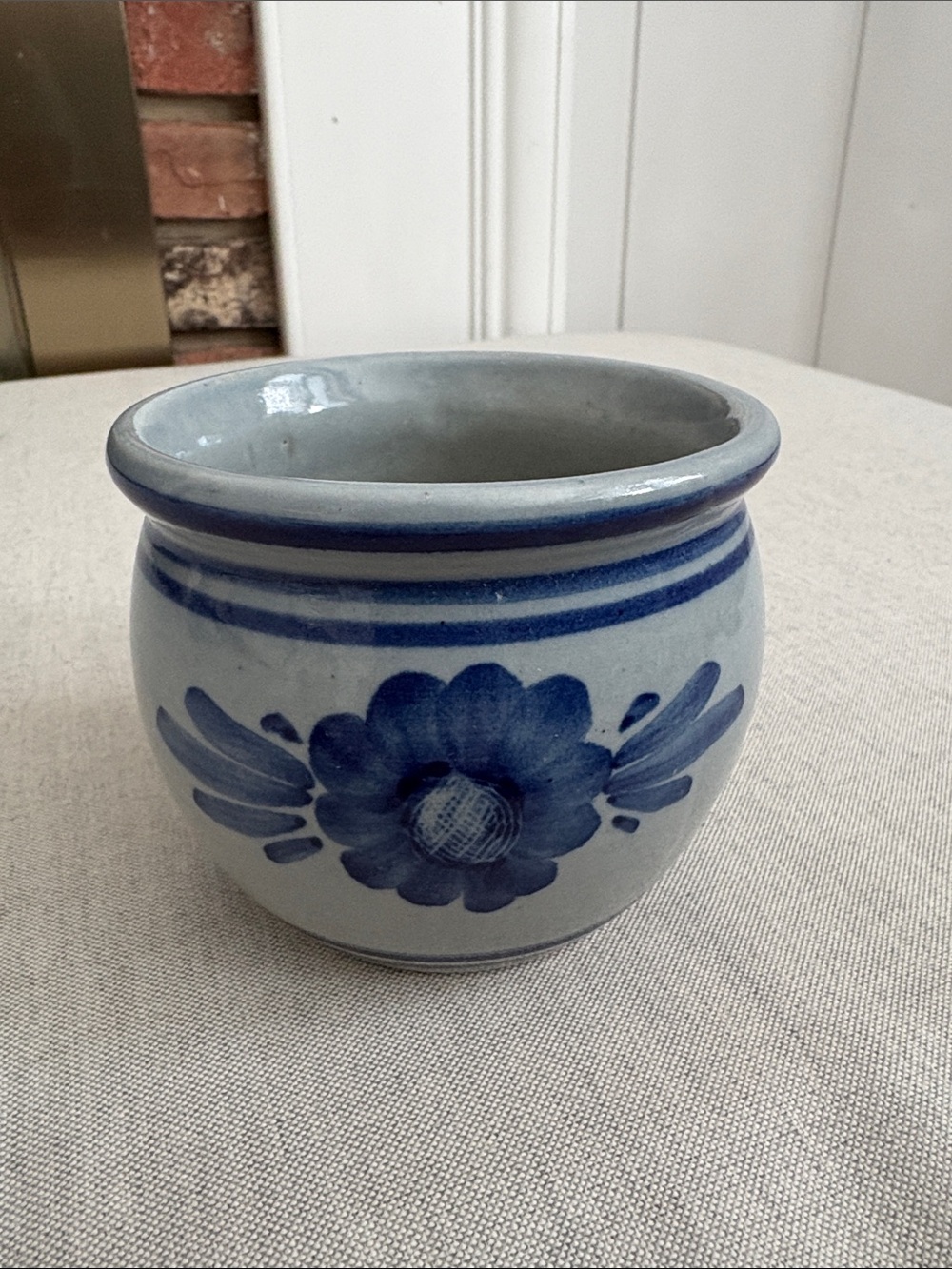 3.5” Blue Floral Ceramic Salt Pot Vintage Aksini Denmark Salt Glazed Bowl